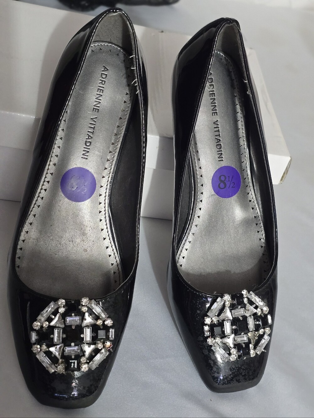 Adrienne Vittadini Black Patent Leather Bling Embellished Toe Low Wedge Size 8M